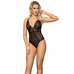 בגד גוף תחרה V עם רצועות צולבות בגב  בגד גוף תחרה V עם רצועות צולבות בגב