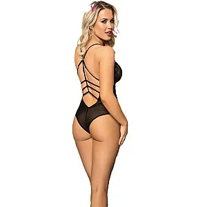 בגד גוף תחרה V עם רצועות צולבות בגב  בגד גוף תחרה V עם רצועות צולבות בגב