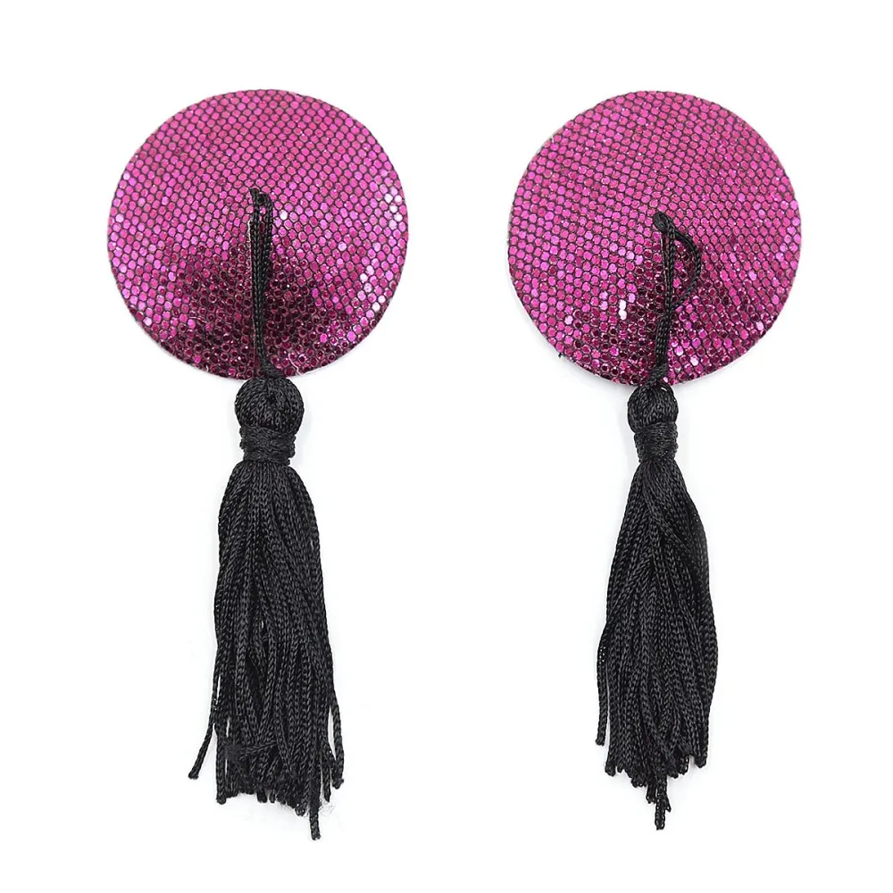 כיסוי פטמות עגול נוצץ עם פרנזים שחורים | Sequin