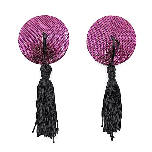 כיסוי פטמות עגול נוצץ עם פרנזים שחורים | Sequin