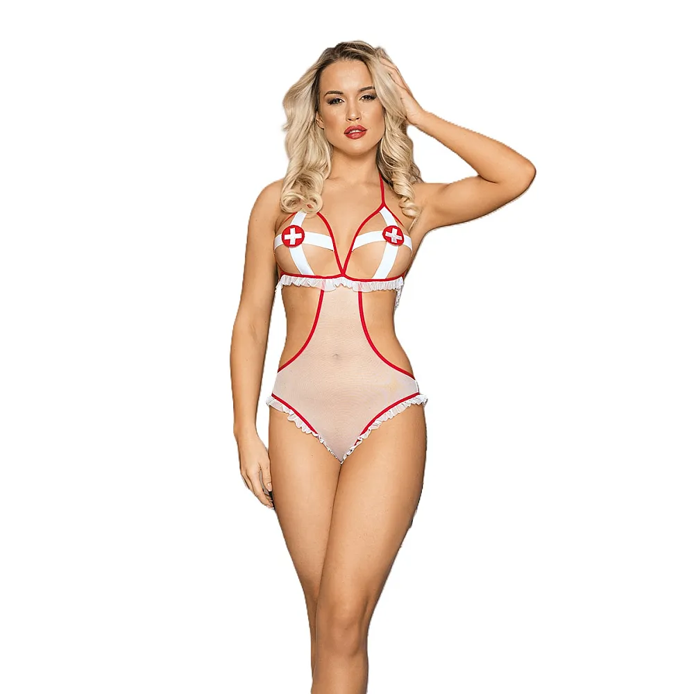 בגד גוף אחות סקסית פתוח אדום לבן | Nurse