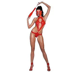 בגד גוף ויניל-אדום מבריק | Red Vinyl Bodysuit