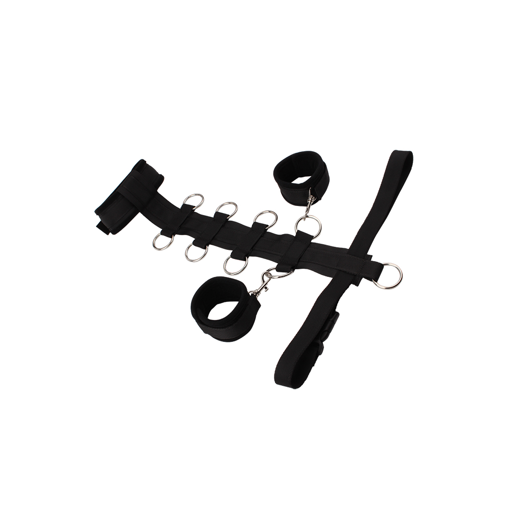 רצועת ריסון עם אזיקי ידיים וקולר – לחוויית שעבוד ארוטית